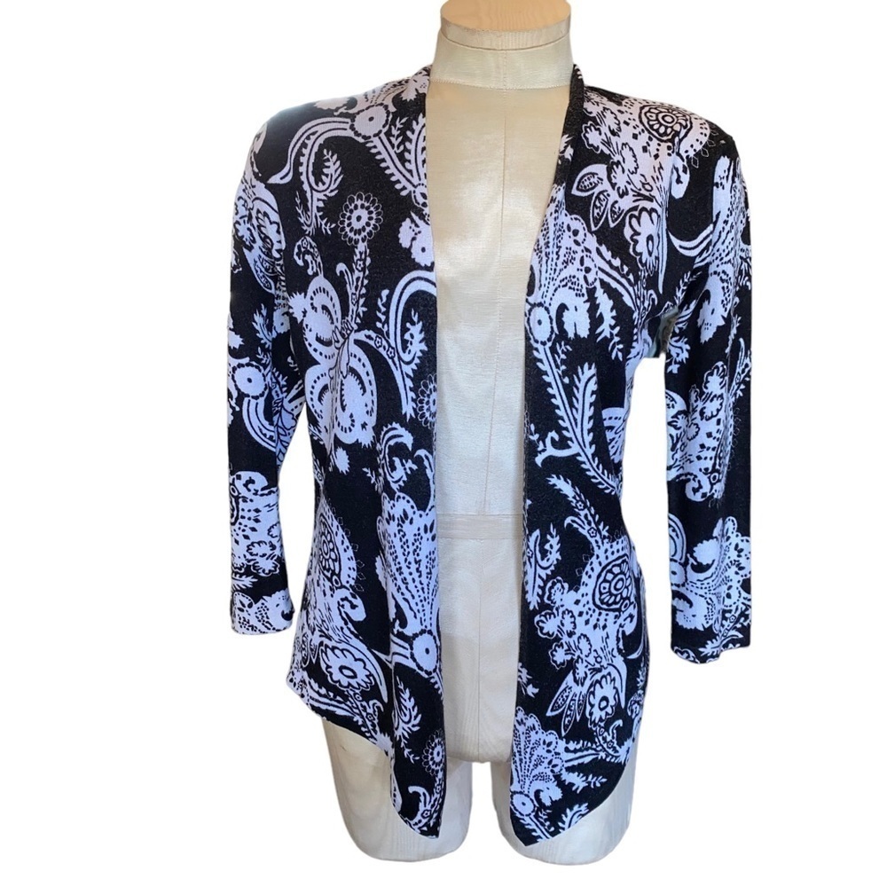 Cache Open Front Paisley Black and White Hi Low Point Cardigan Size Small